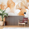 Terracotta Ginkgo leaf wallpaper in modern living room creating a peaceful atmosphere with natural light