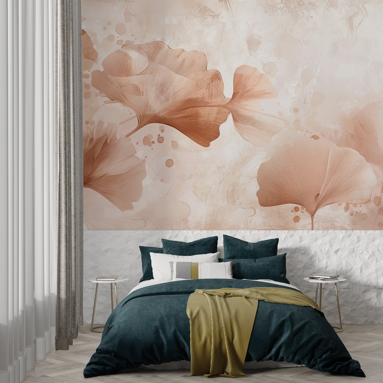 Terracotta Ginkgo leaf wallpaper in modern living room with minimal furniture and natural light