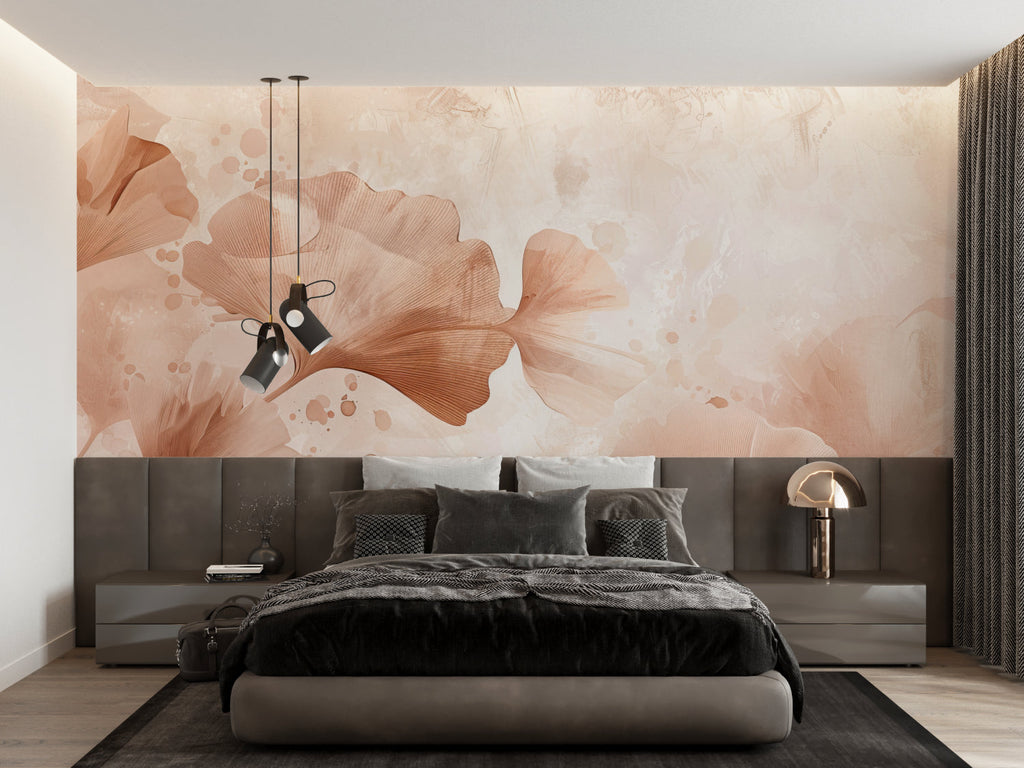 Watercolor ginkgo pattern wallpaper in stylish home office with desk