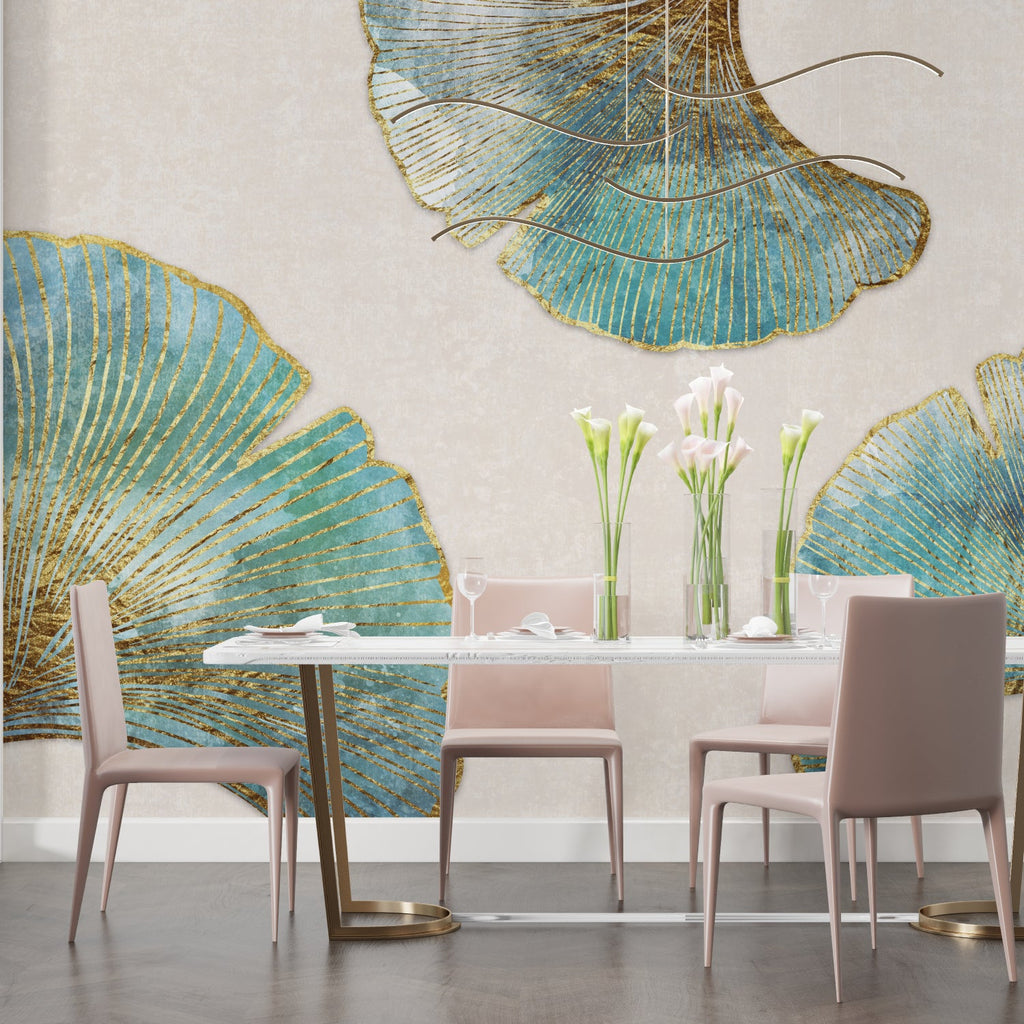 Turquoise and gold Ginkgo leaf wallpaper in modern dining room with crystal chandelier