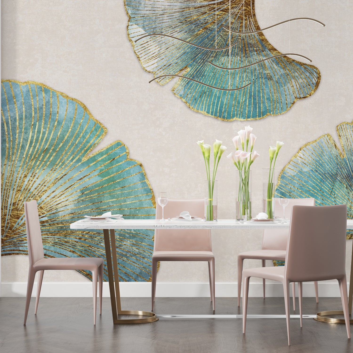Turquoise and gold Ginkgo leaf wallpaper in modern dining room with crystal chandelier