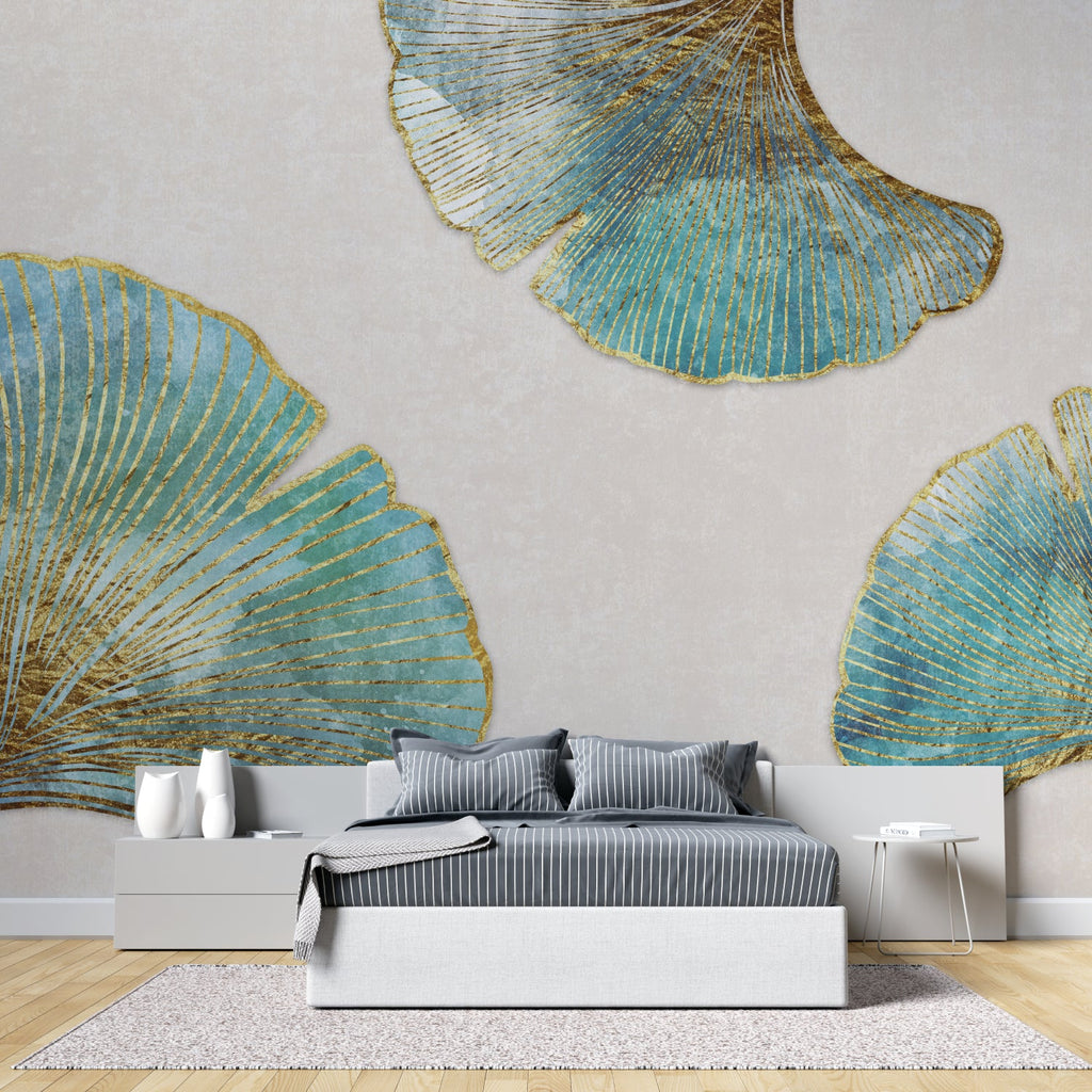 Botanical art deco wallpaper in elegant living room setting