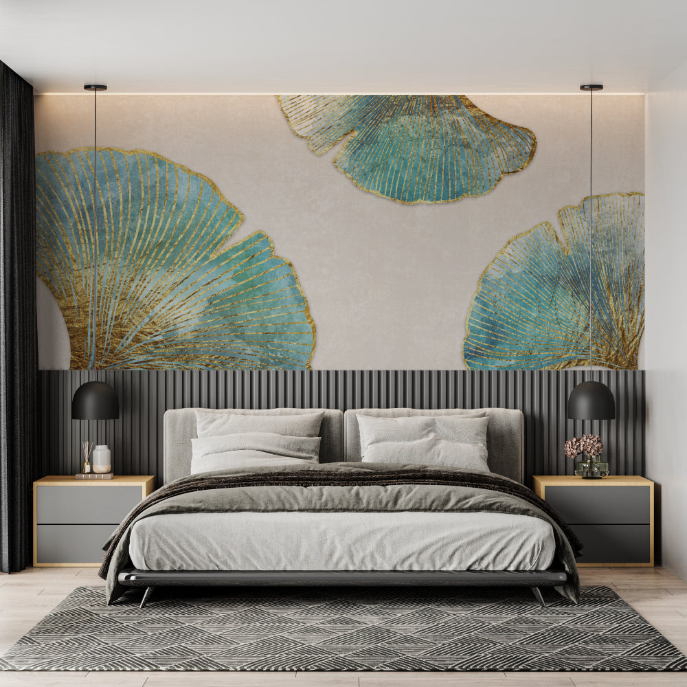 Turquoise and gold Ginkgo pattern creating hotel feel in home office