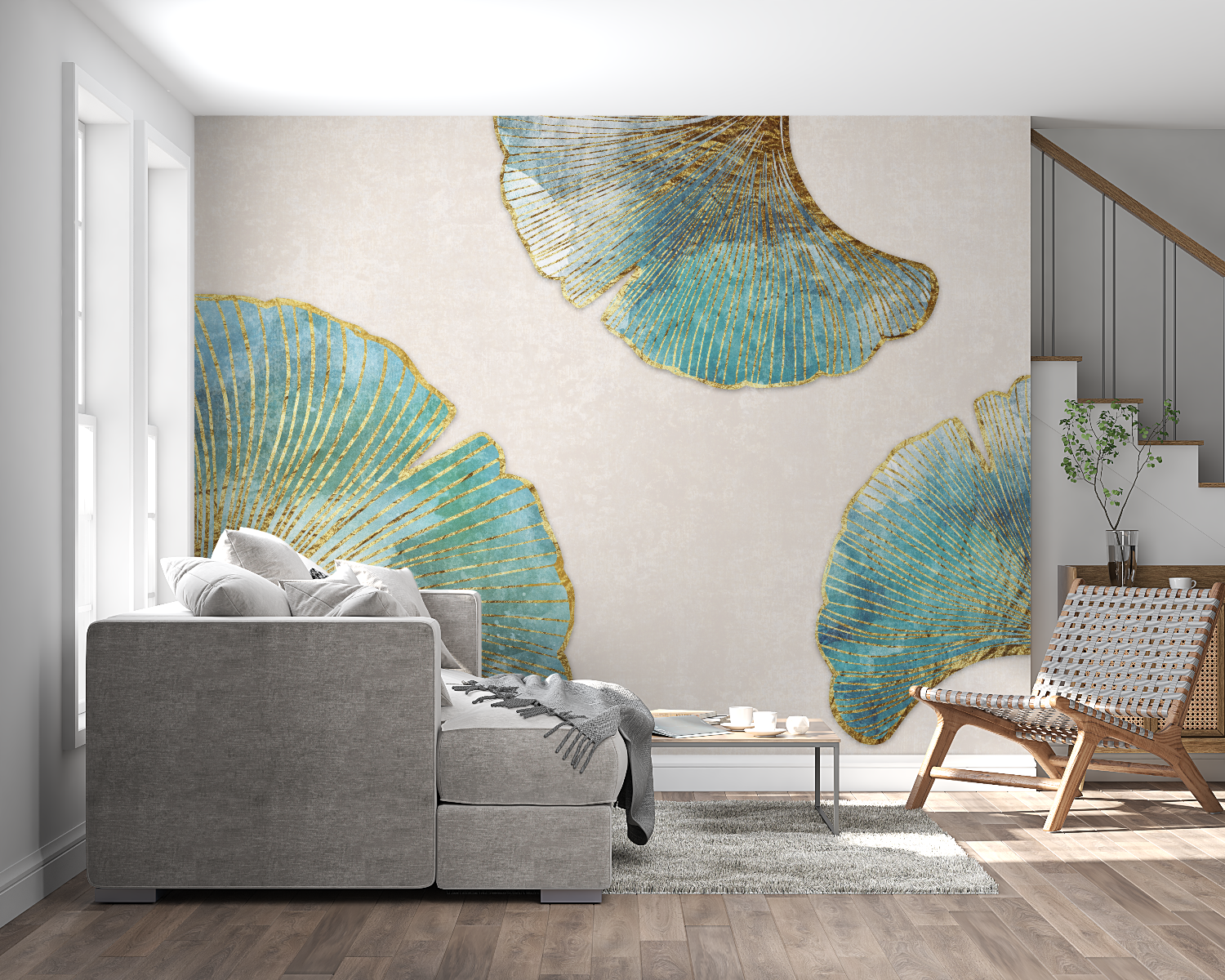 Art deco wall mural brightening modern hallway with gold accents