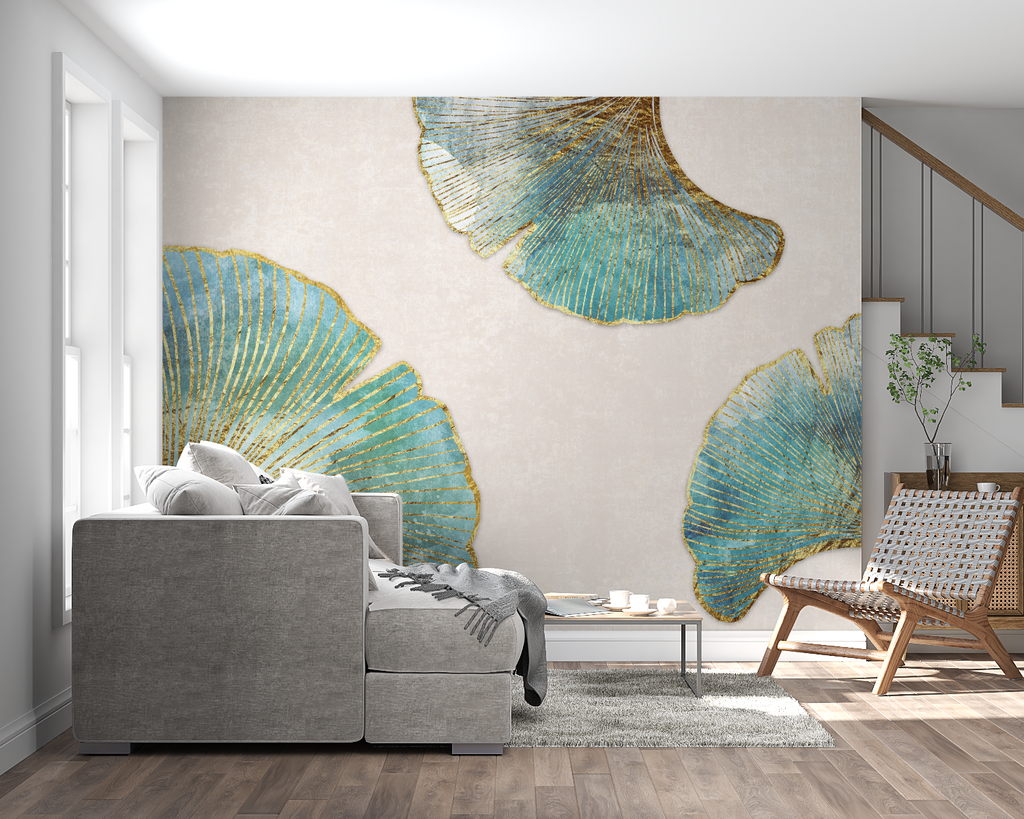 Hallway showcase of art deco ginkgo wallpaper with metallic gold details