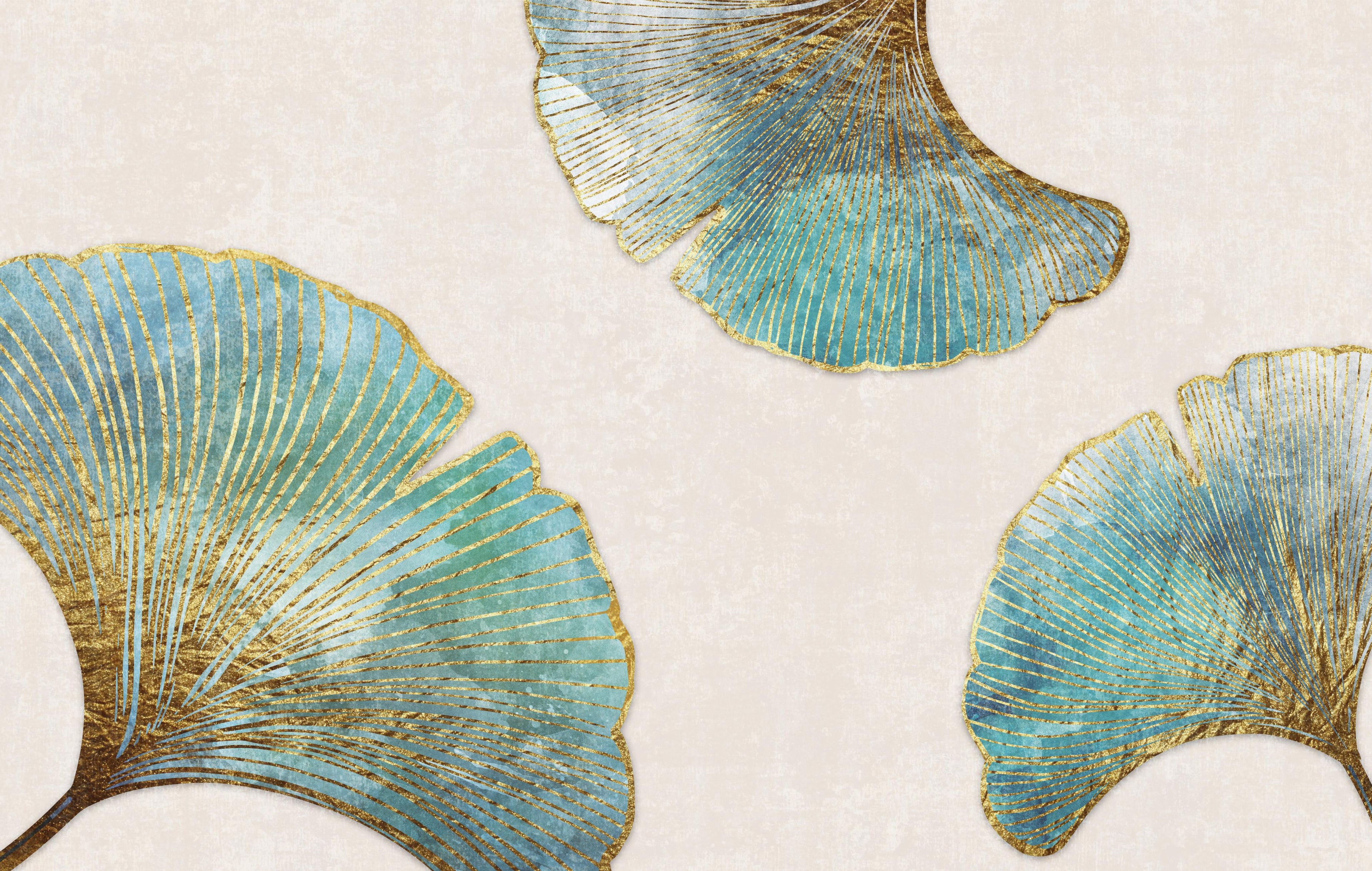 Design file of ginkgo leaf pattern showing detailed turquoise and gold botanical illustration