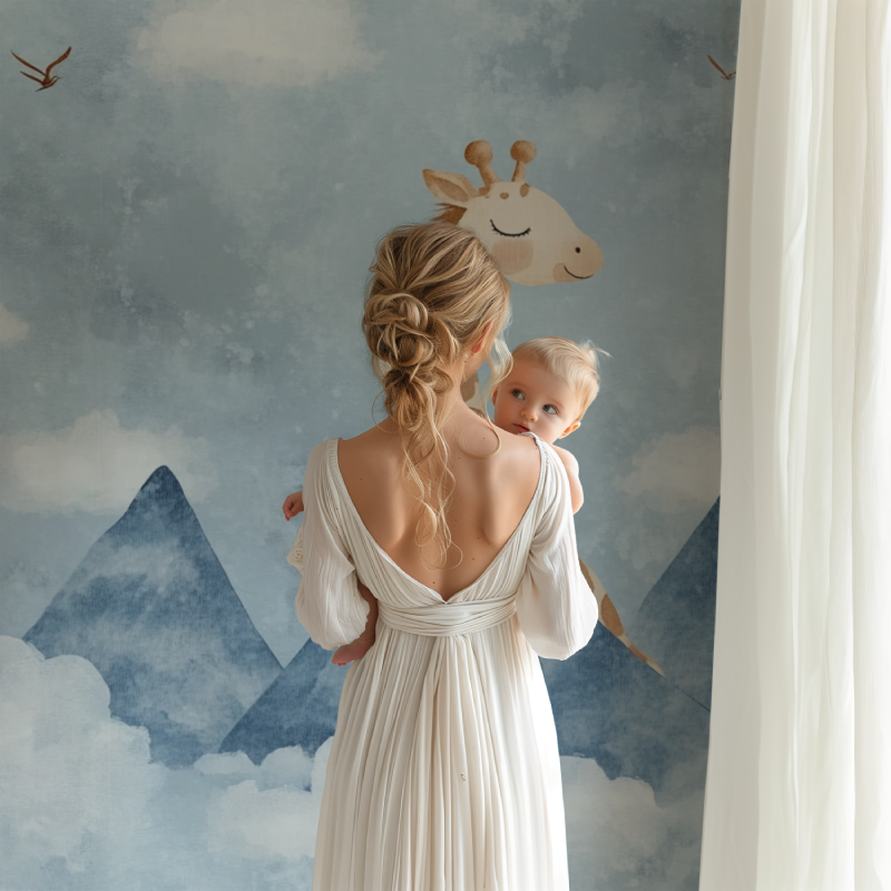 Baby nursery with safari giraffe wallpaper, displaying perfect blend with natural wood furniture