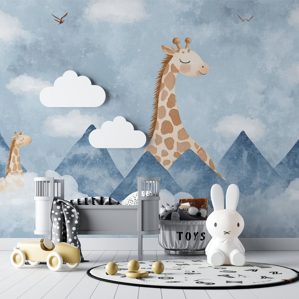 Children's study area featuring whimsical giraffe mountain mural, creating inspiring learning space