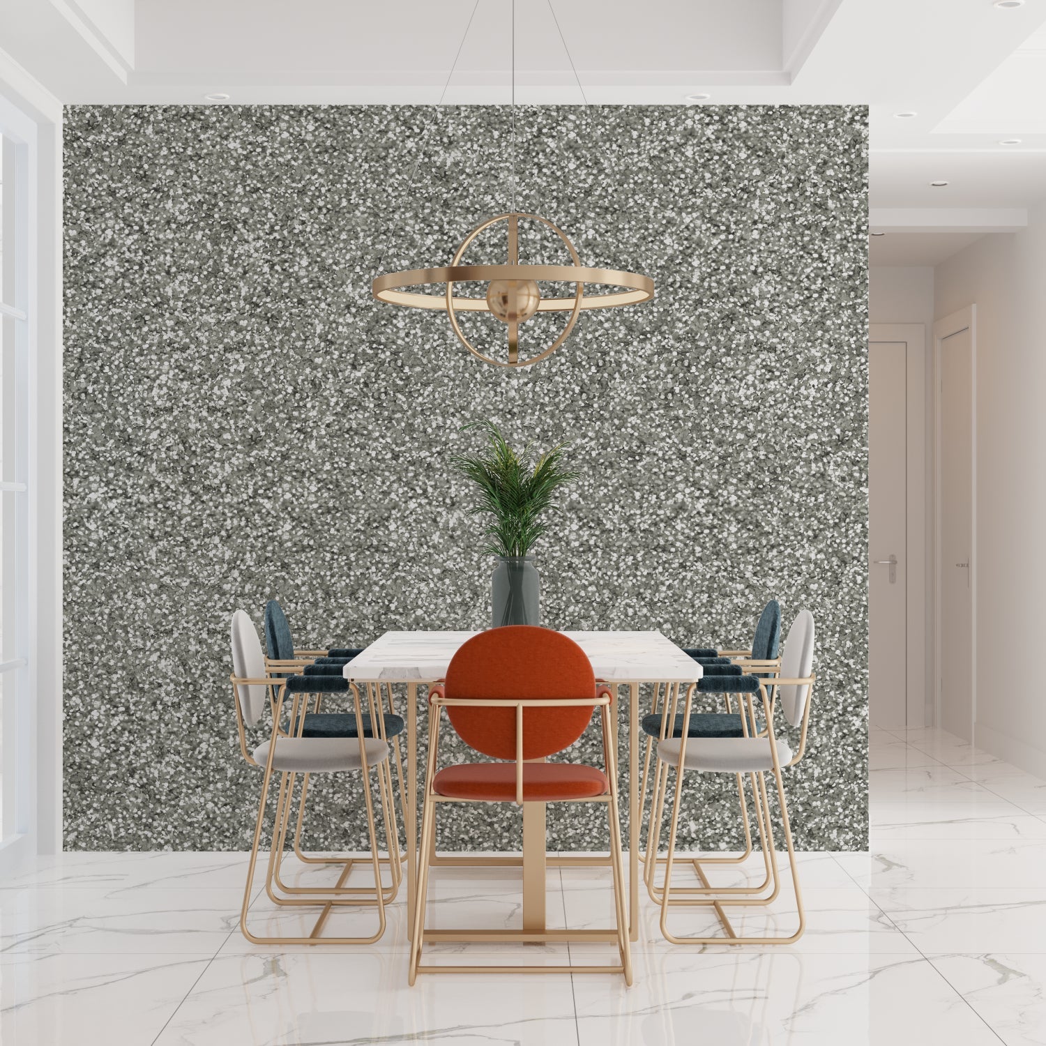 Silver luxury wallpaper in dining room with chandelier highlighting the glitter effect
