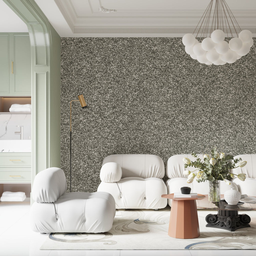 Glitter wall covering in hallway showing how it catches both natural and artificial light