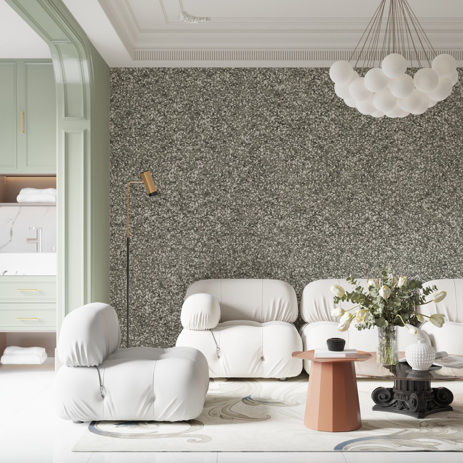 Glitter wall covering in hallway showing how it catches both natural and artificial light