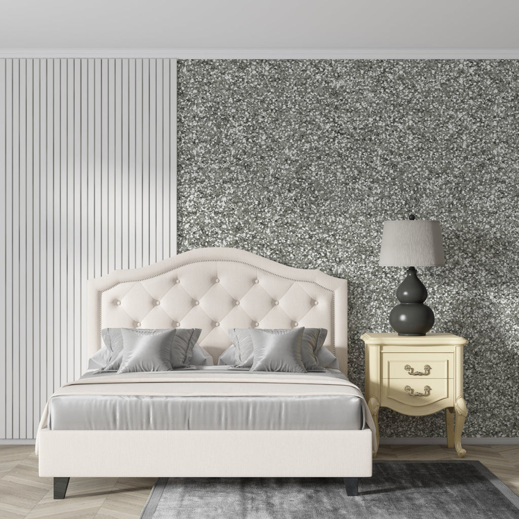 Close-up of silver sparkle wallpaper showing texture detail in bathroom setting