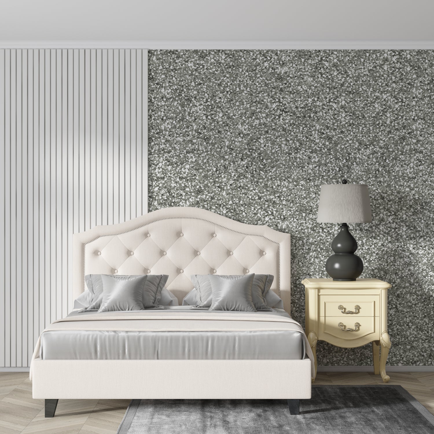 Close-up of silver sparkle wallpaper showing texture detail in bathroom setting