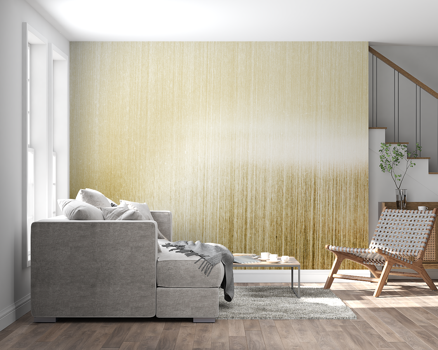 Gold brushed metal wallpaper in modern living room creates elegant atmosphere with natural light