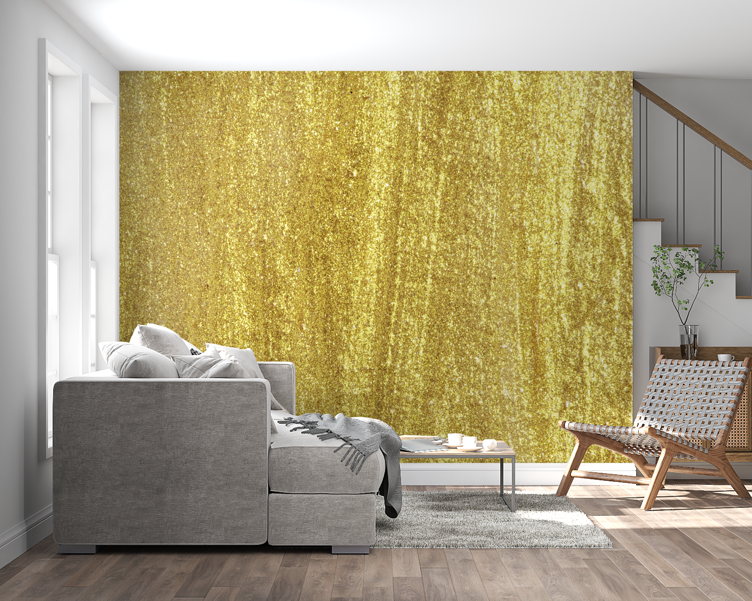 Gold metallic textured wallpaper creating a luxurious atmosphere in a modern living room