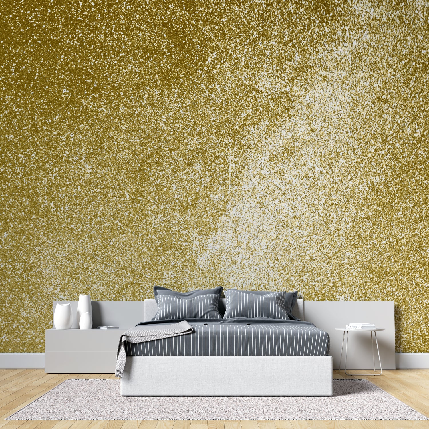 Glitter effect gold wallpaper bringing warmth to an elegant dining room setting