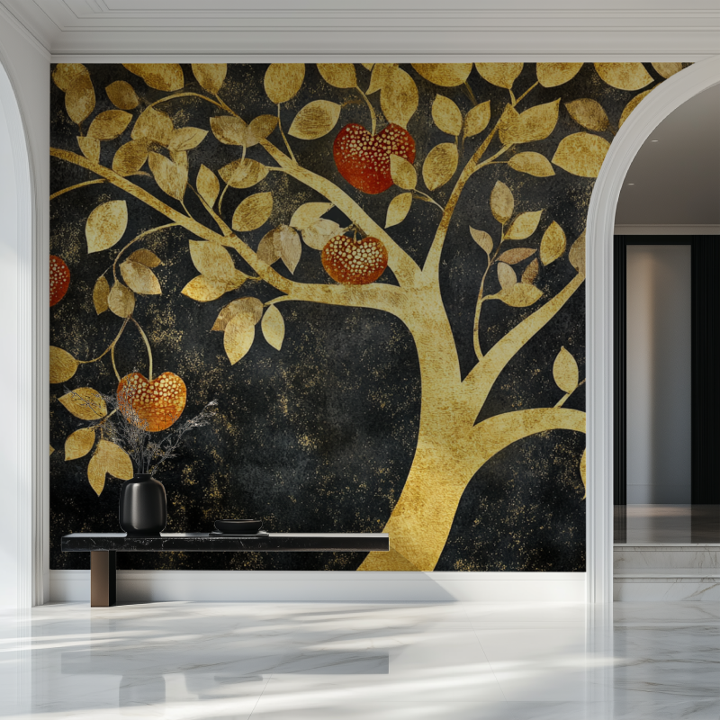 Art deco tree wallpaper in elegant dining room with golden accents