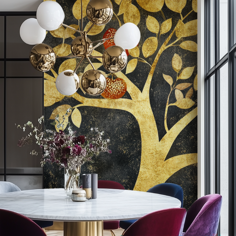 Luxury golden tree mural creating drama in modern living room