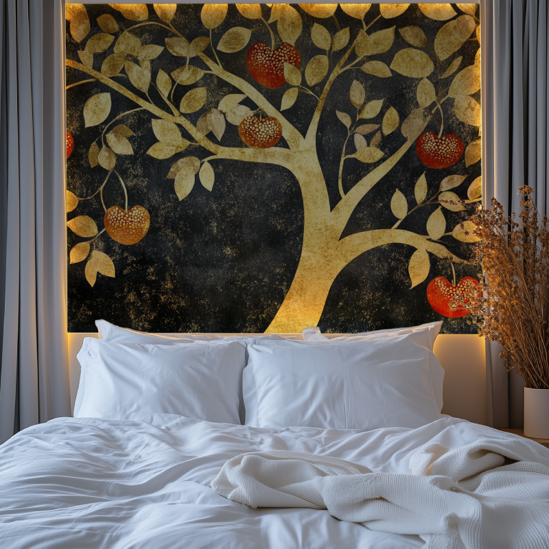 Golden tree wall mural making statement in hotel lobby
