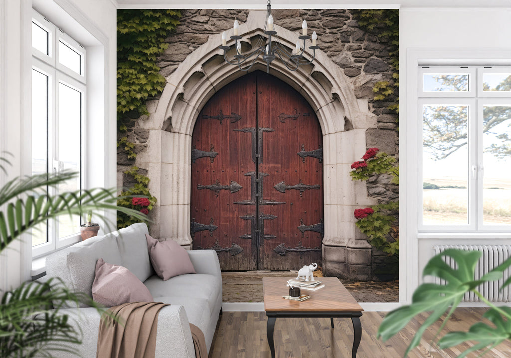 Gothic door mural wallpaper in a grand entrance hall, showing stone arch and red wooden door