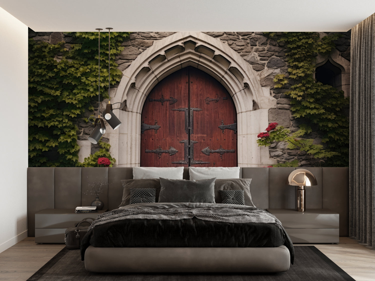 Medieval door wallpaper creating depth in a modern living room setting