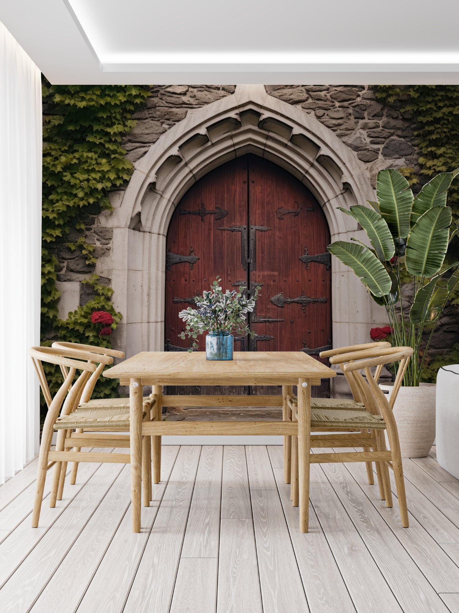 Stone arch mural wallpaper featured in a cozy reading nook