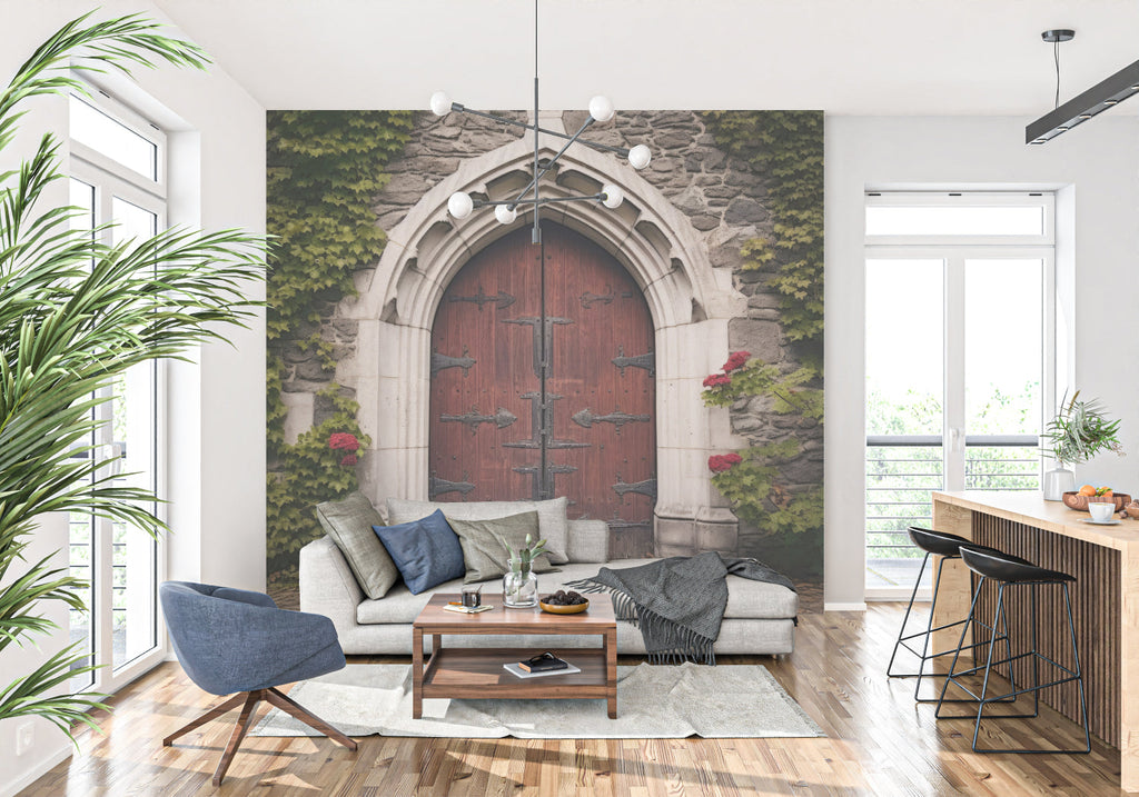 Gothic castle wallpaper transforming a dining room wall