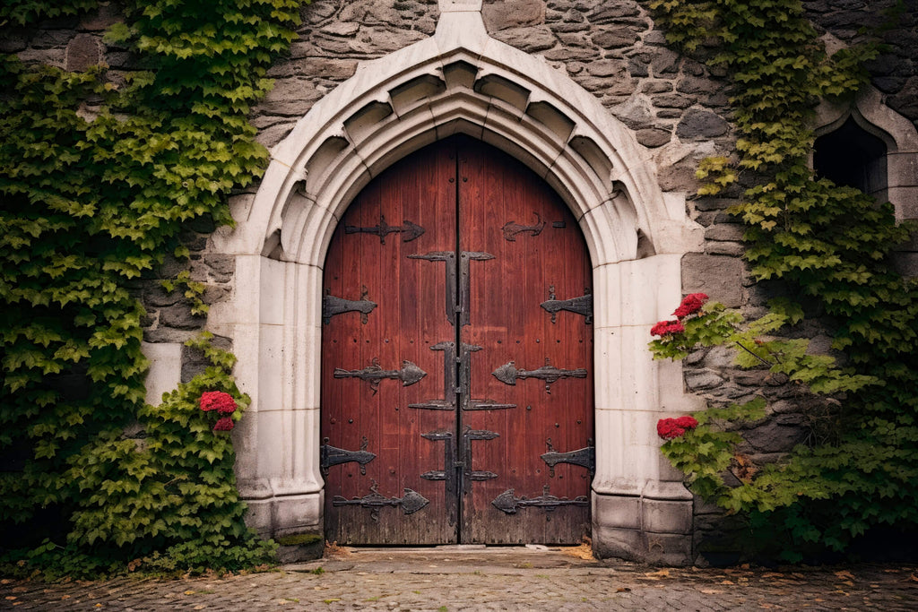 Design file showing detailed gothic door pattern with stone arch and red wooden door