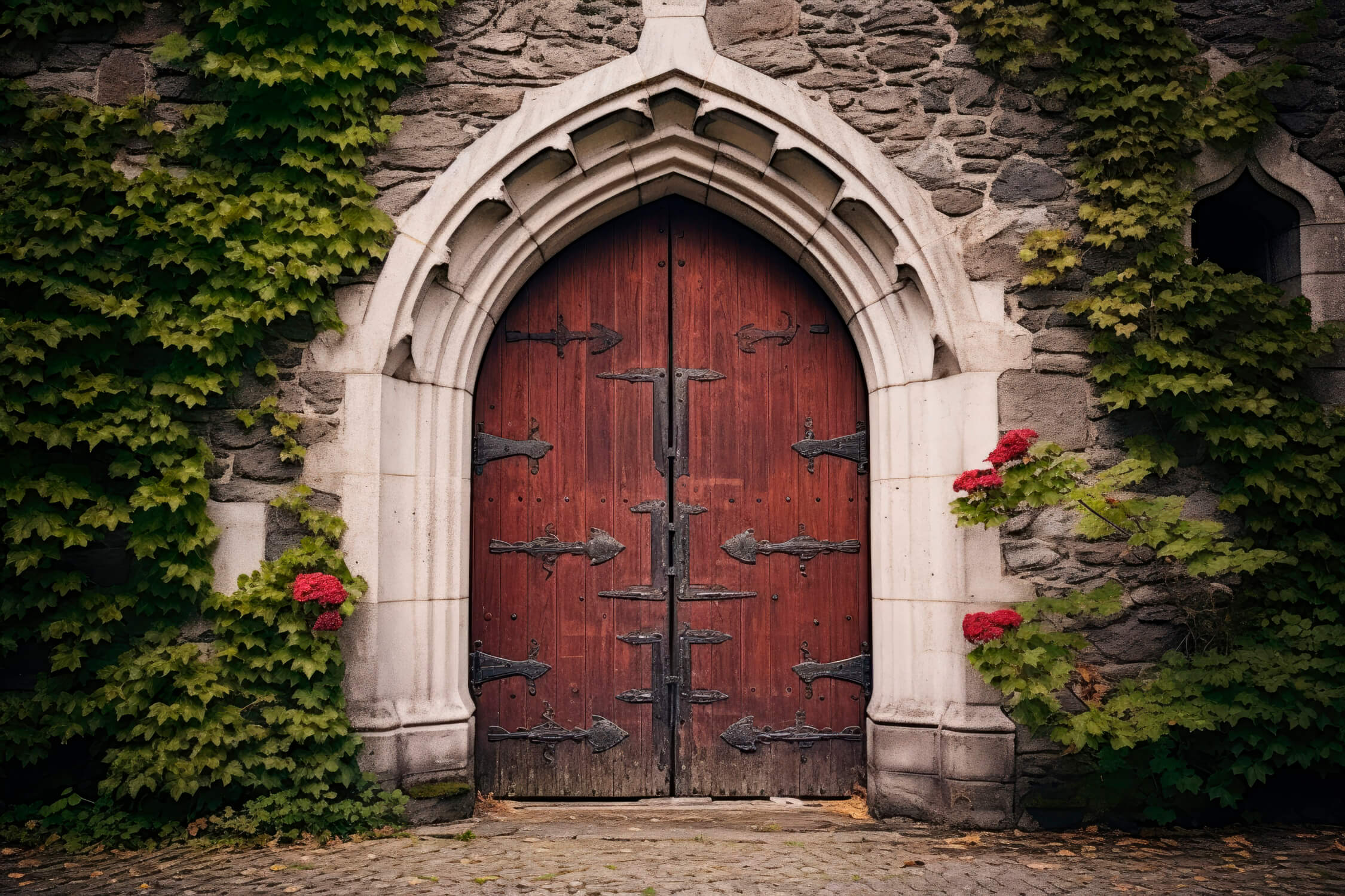 Design file showing detailed gothic door pattern with stone arch and red wooden door