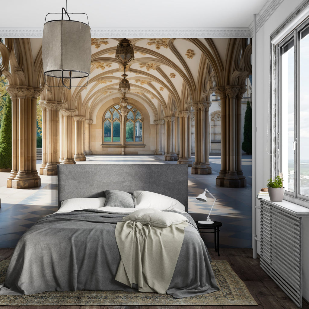 Gothic cathedral wallpaper mural showcased in a bright living room with high ceilings