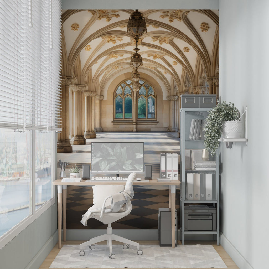 Gothic arch mural transforming a bedroom wall with architectural elegance