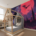 Gothic castle wallpaper creating dramatic atmosphere in modern gaming room with red and purple hues