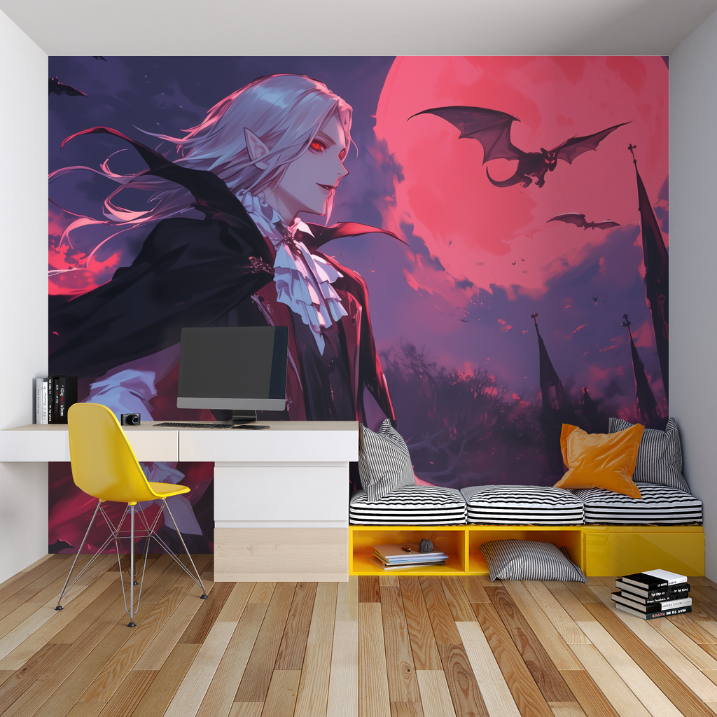 Dark castle wall mural creating spooky ambiance in Halloween party room setup