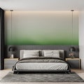 Green gradient wallpaper creating a serene atmosphere in a modern living room with minimal furniture