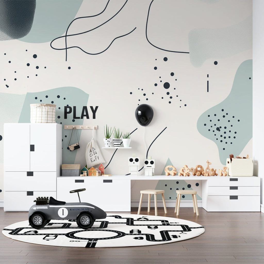 Graffiti wallpaper in modern living room showing vibrant street art design with turquoise and pink tones