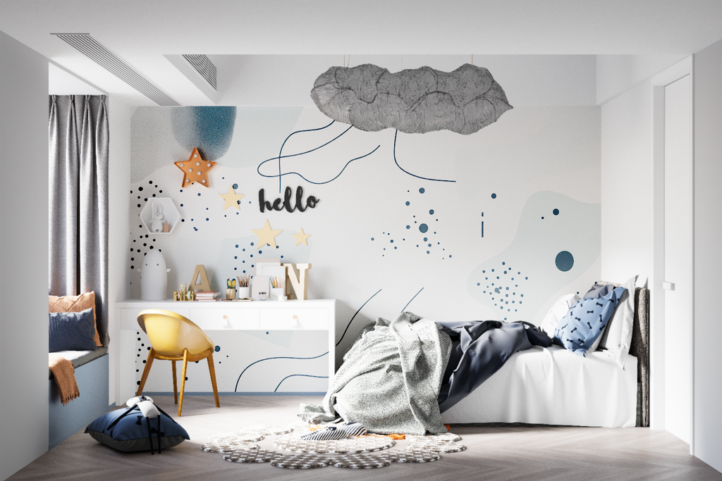 Modern dining area with abstract graffiti wall design creating bold statement