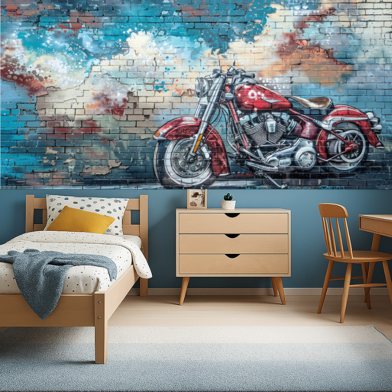 Street art mural adding character to gaming room with red motorcycle graffiti design