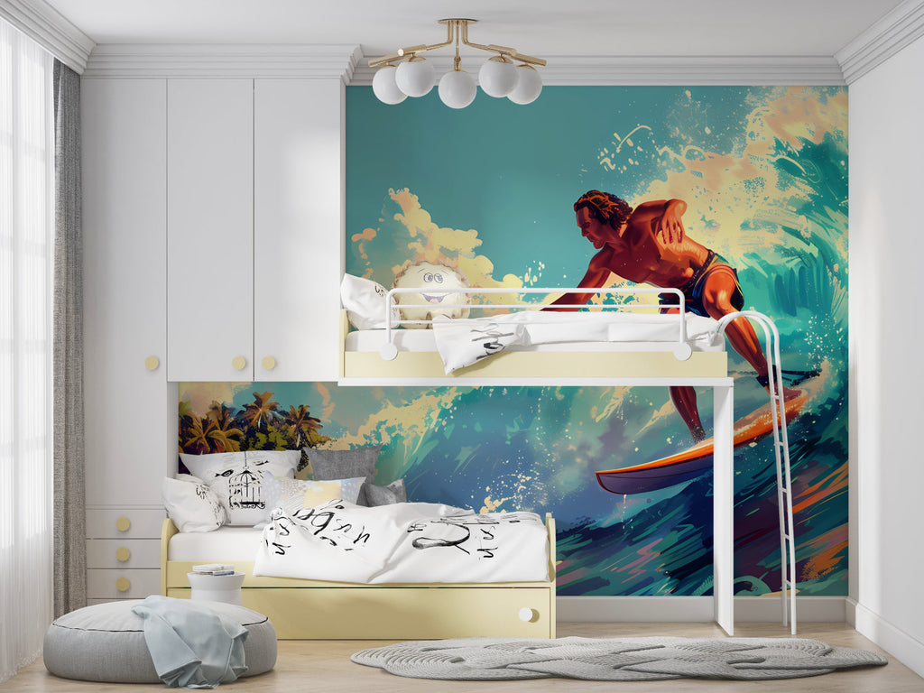 Urban graffiti wallpaper creating a bold statement in a modern living room with sleek furniture