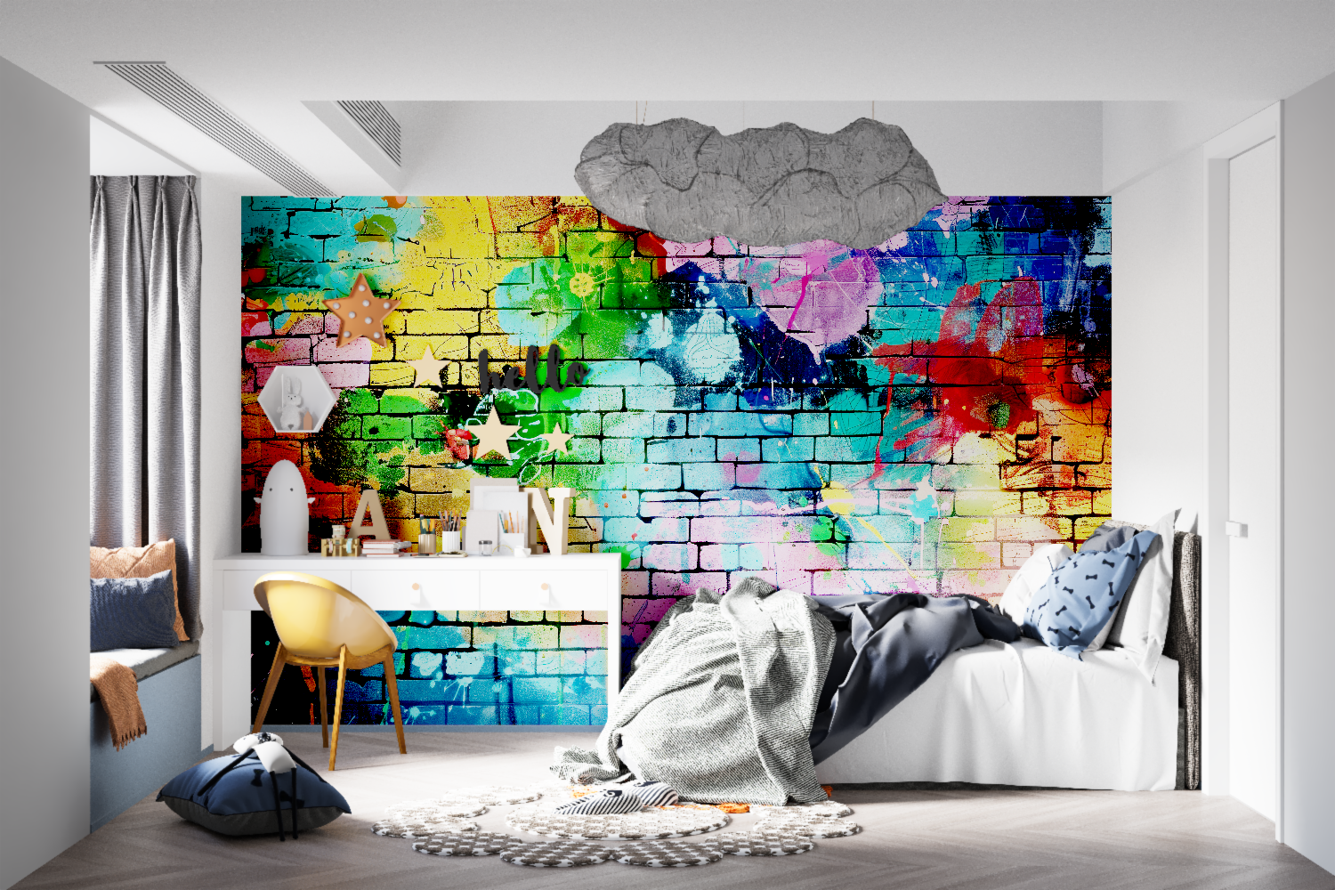 Colorful street art mural in gaming room showing vibrant brick graffiti design