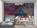 Graffiti wall mural bringing urban style to a modern living room with purple and blue tones