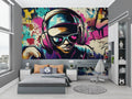 Graffiti street art wallpaper bringing urban flair to a modern teen bedroom with colorful music theme