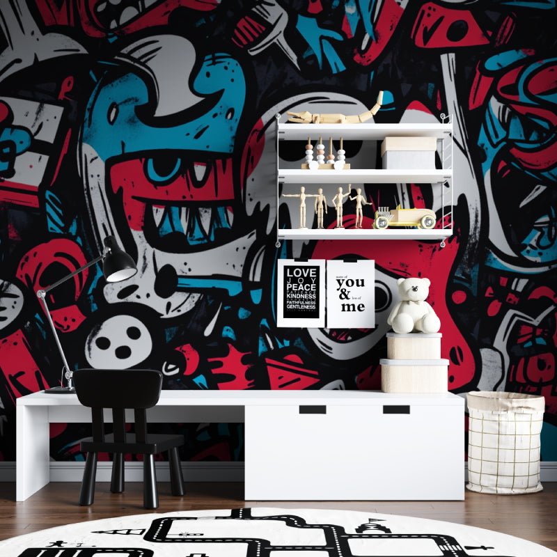 Street art graffiti wallpaper in modern teen bedroom showing vibrant urban design