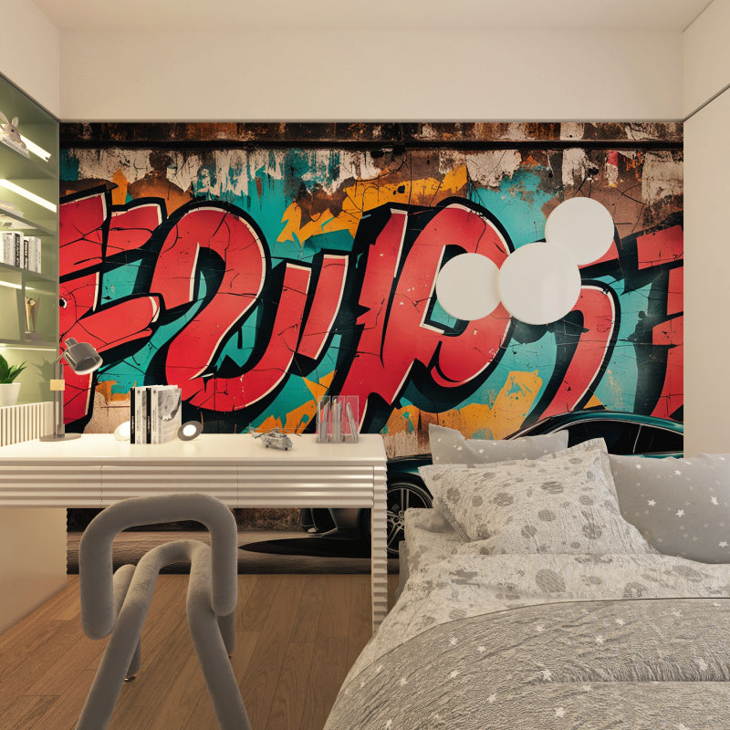 Street art mural wallpaper transforming office space with creative urban vibe