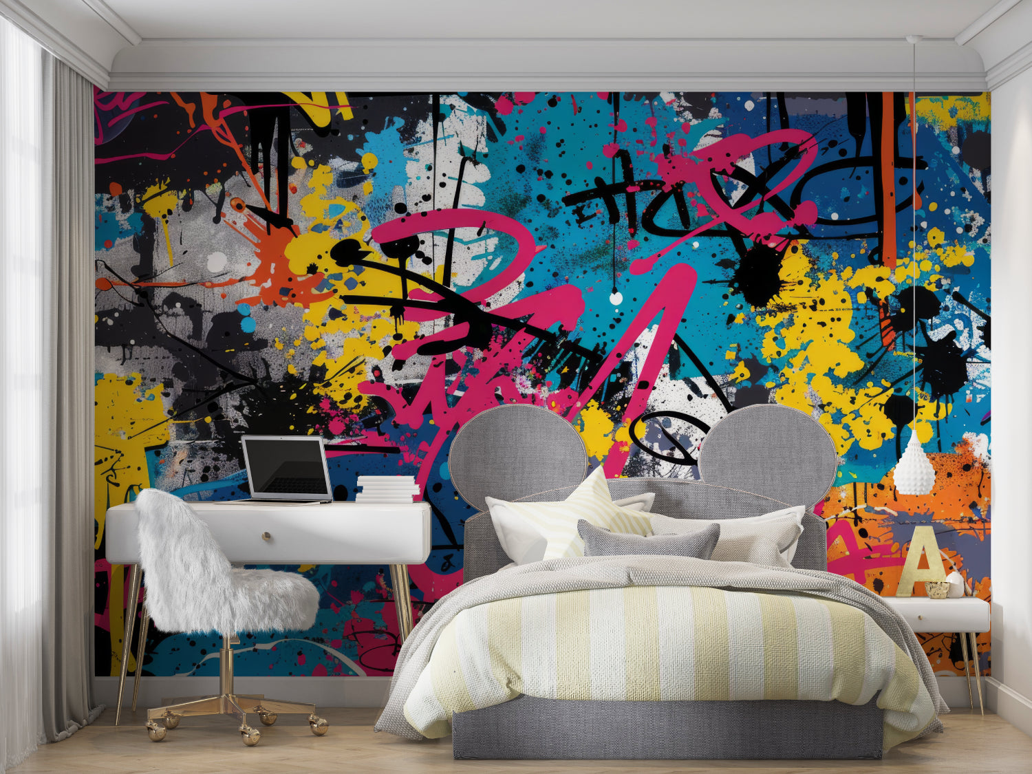 Urban graffiti wallpaper energizing teen bedroom with colorful paint splashes