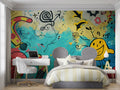 Street art graffiti wallpaper bringing urban style to a modern living room with yellow and blue design