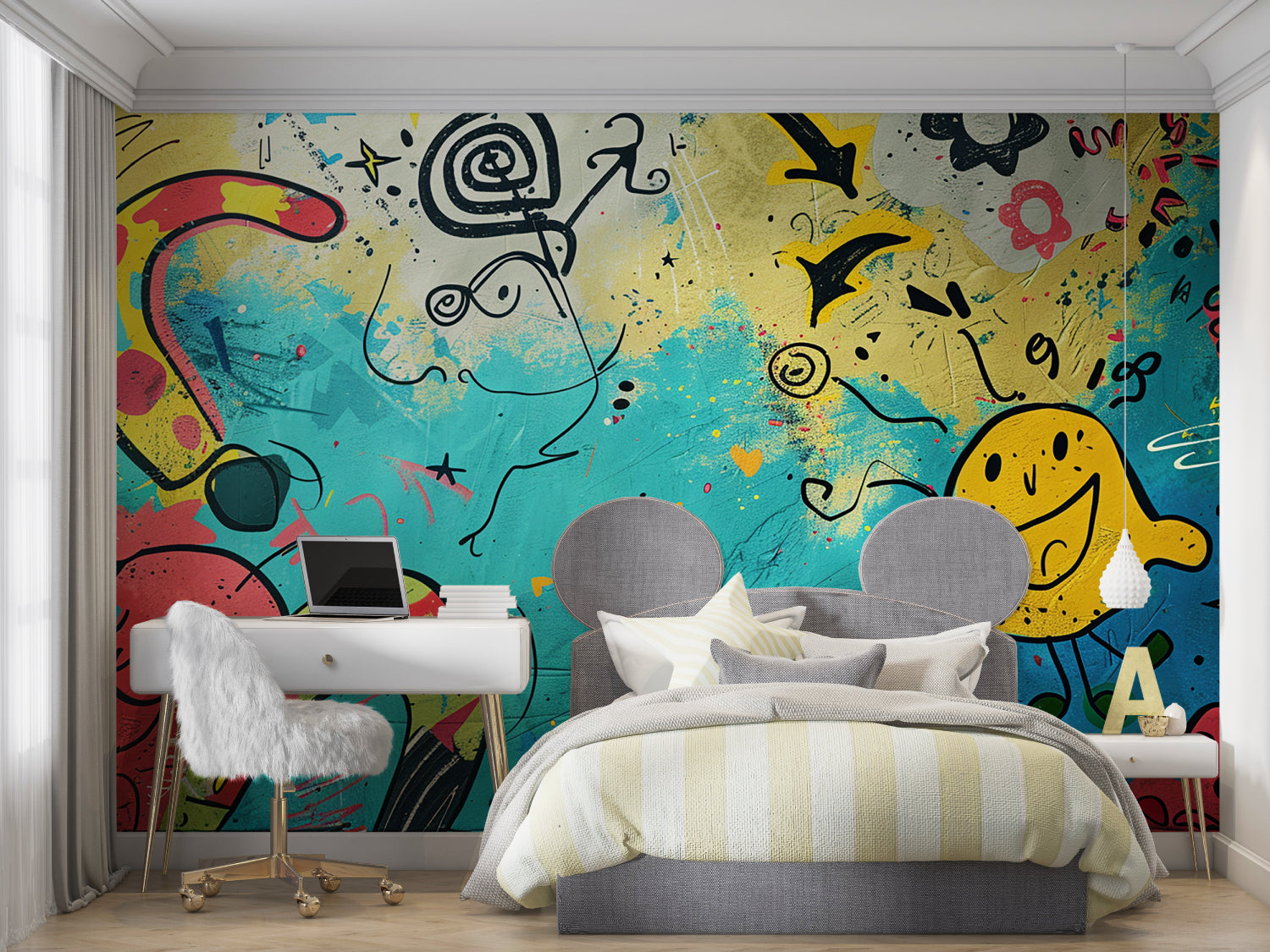 Street art graffiti wallpaper bringing urban style to a modern living room with yellow and blue design