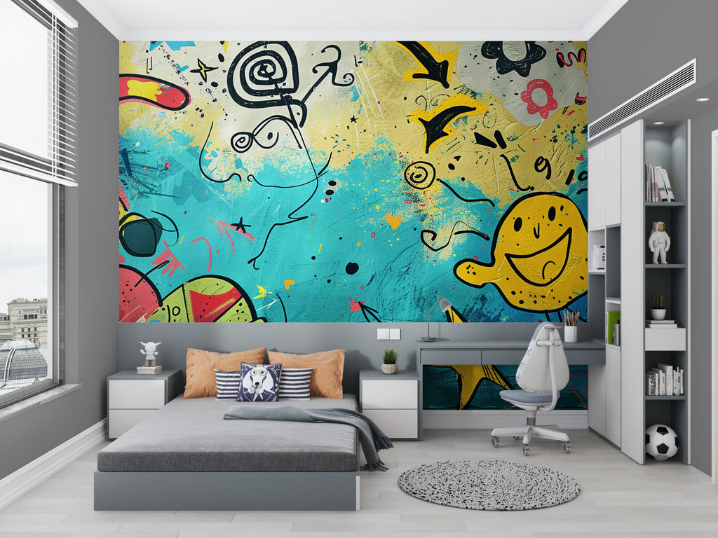 Urban street art wallpaper transforming a home office with creative graffiti elements
