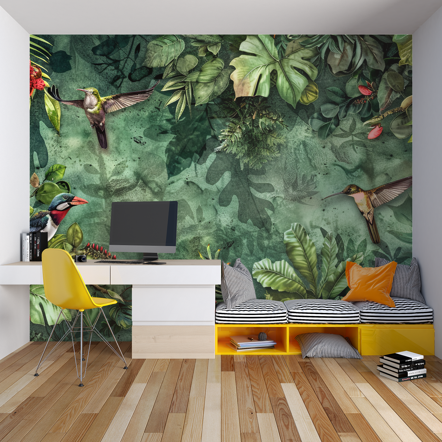 Urban street art wallpaper making a statement in a creative home office space