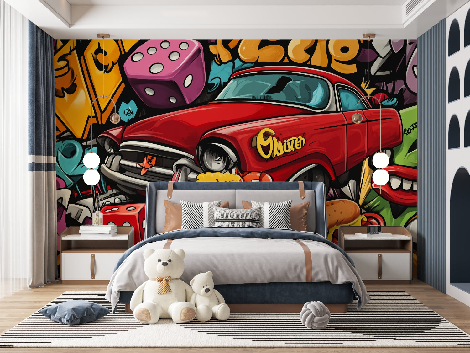 Urban graffiti wall mural featuring classic car displayed in teen bedroom