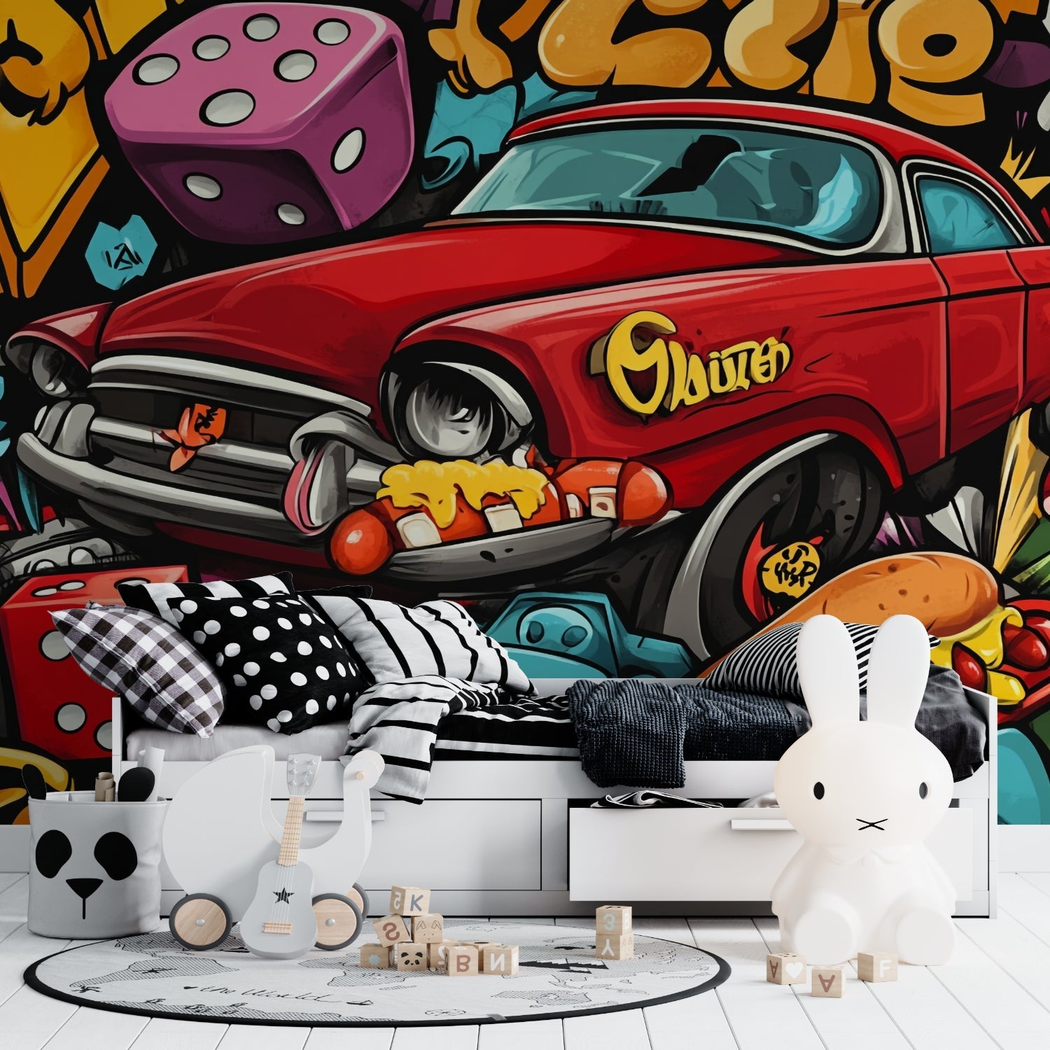 Vintage car street art wallpaper installed in contemporary gaming room